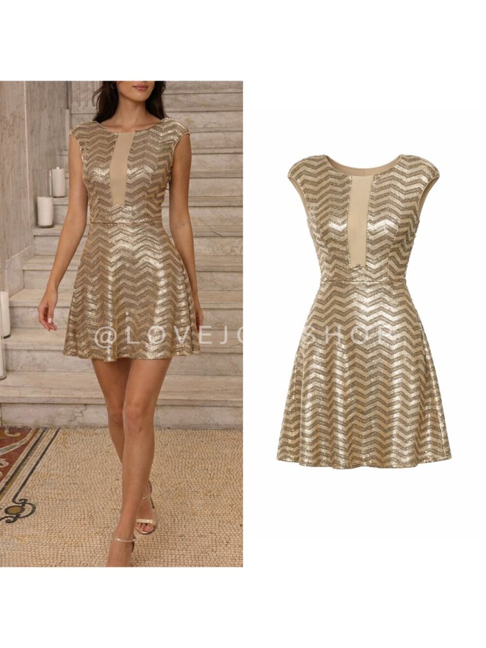Dress | BeBe Gold Sequin A-Line Chevron Mini | Cap Sleeve | Mesh Panel | Flirty
